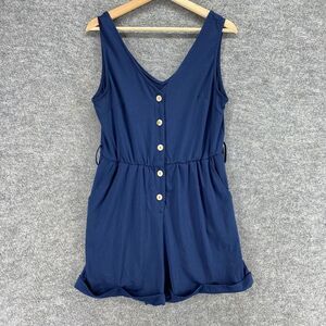 New Love Life Jumpsuit Women M Medium Blue V-Neck Button Up Sleeveless Cuffed